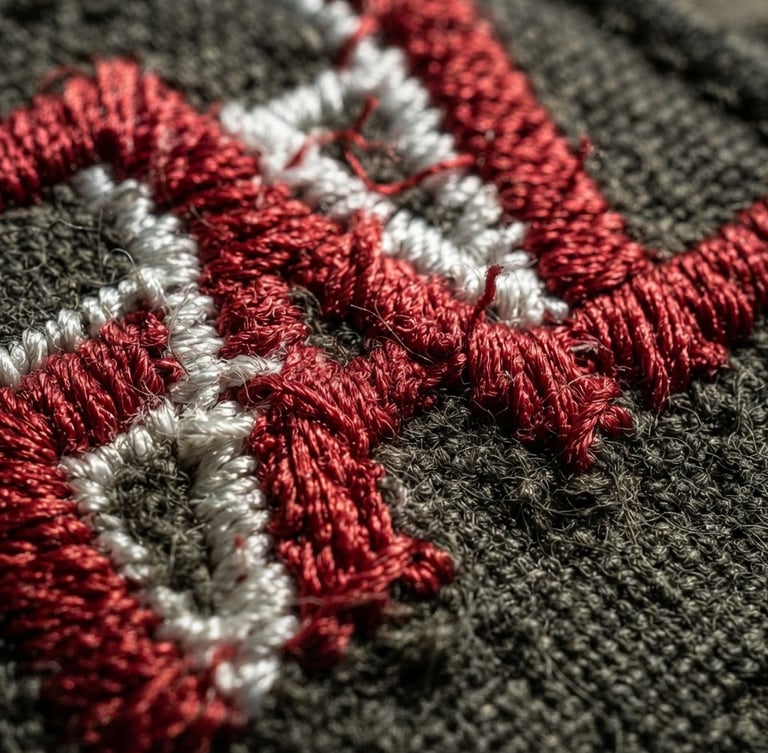 Extreme macro close-up of high-density embroidered patch thread weaves, hard side-lighting emphasizing deep texture and tight red and white stitching on a dark tactical canvas background.