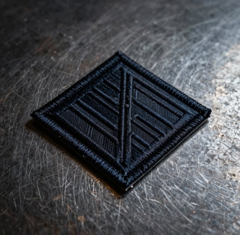 Flat-lay of a physical patch with merrowed borders on a weathered dark steel table, dramatic side-lighting highlighting the raised embroidered thread paths and sharp edges.