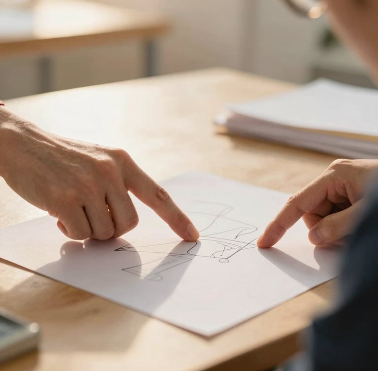 Close-up of a workshop leader's hands pointing to a clear, simple diagram on a table, warm golden-hour daylight, soft inviting tones, shallow depth of field.