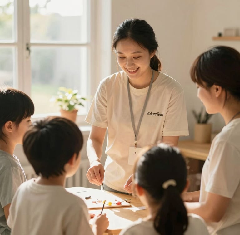 Warm environmental portrait of a community volunteer guiding a family in a sunlit room, natural daylight, soft focus, authentic connection.