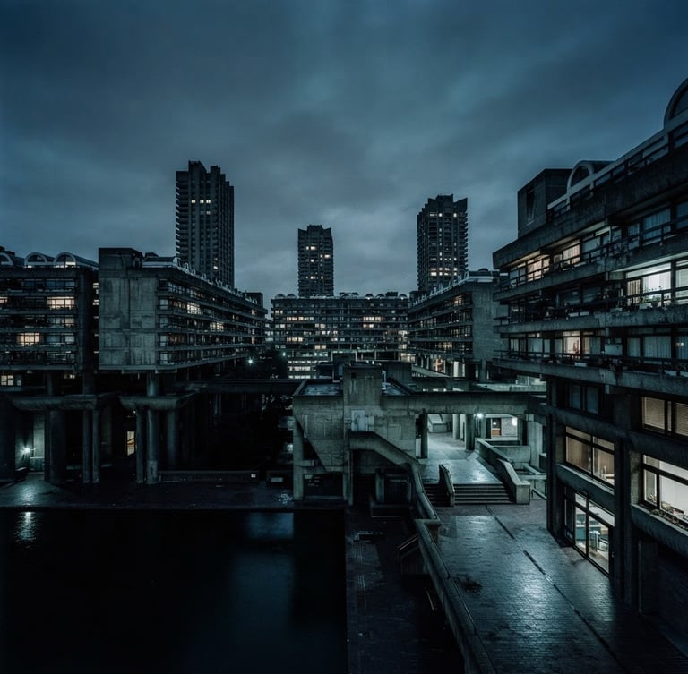 Wide panoramic brutalist concrete structure with sharp geometric lines and deep shadows, low-key lighting, cool blue and slate tones, 35mm