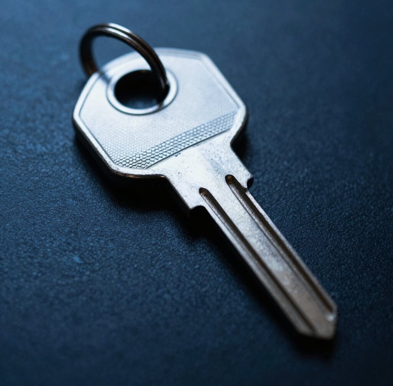 Extreme close-up of a physical security key, cold steel, sharp focus, low-key lighting with blue accents, 35mm.