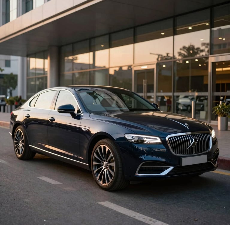 Sleek midnight navy executive sedan parked outside a modern terminal in BKC Mumbai, golden-hour urban light reflecting off polished chrome, 35mm automotive photography