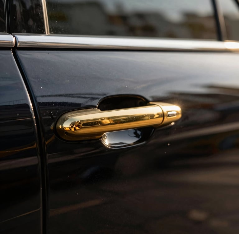 Close-up detail of a polished brass door handle on a pristine black luxury vehicle, sharp focus, rich deep tones, low-sun golden hour lighting