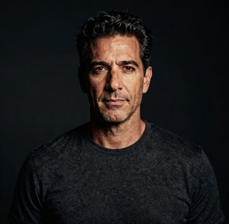 Low-key dramatic portrait of Beto Benfica, a mature man with an authoritative and confident expression, warm side-lighting, deep shadows, dark background, 85mm lens