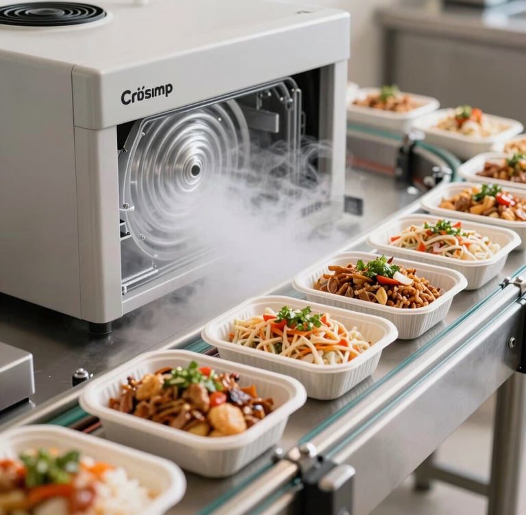 Crisp studio food photography showing a close-up of spiral shock-freezer technology with clean steel surfaces, cold mist, and neatly arranged packaged meals moving on a conveyor line
