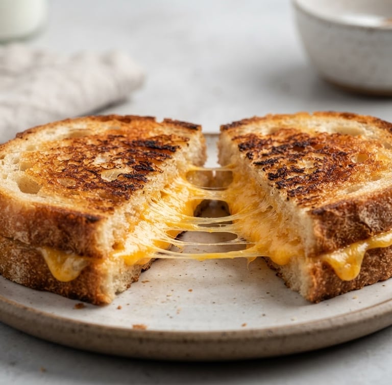 Close-up macro shot of a toasted sandwich cut in half, golden melted cheddar cheese stretching between the slices, crisp grill marks on sourdough bread, bright studio lighting, neutral background.