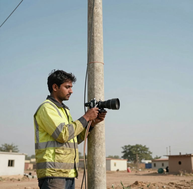 Technician in high-visibility safety gear splicing fiber-optic cable on a utility pole in a semi-arid Indian village, bright daylight, low-angle shot showing sky
