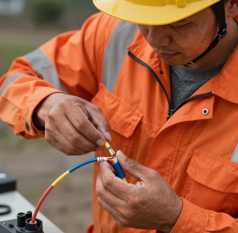 Close-up of a telecom technician in orange safety gear splicing fiber-optic cables outdoors under high-contrast natural daylight.