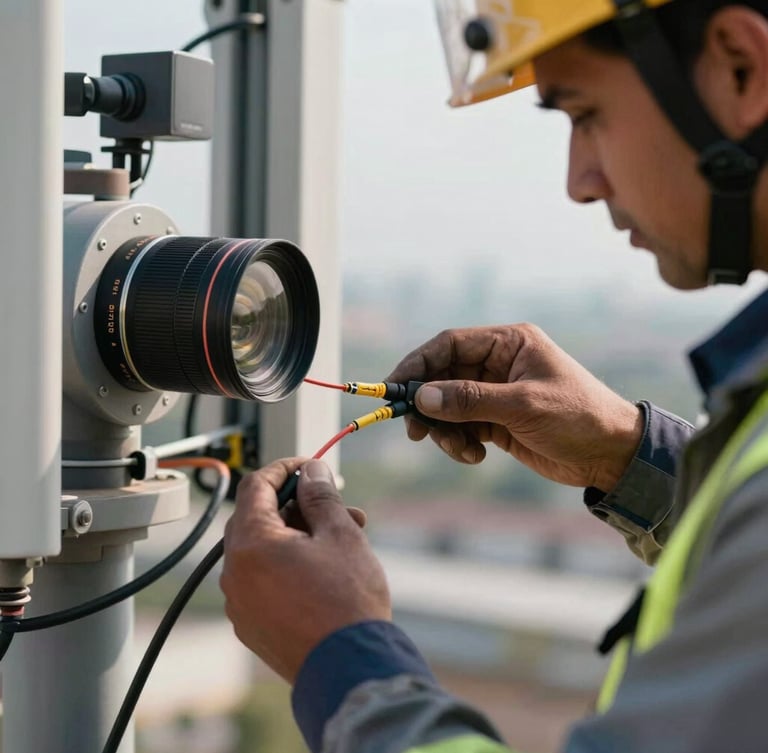 Close-up of an industrial telecom technician in safety gear splicing a fiber-optic cable outdoors, high-contrast daylight