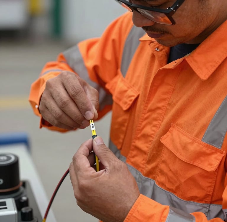 Close-up of a technician in high-visibility orange safety gear splicing a fiber-optic cable outdoors, bright natural daylight, shallow depth of field, industrial precision.