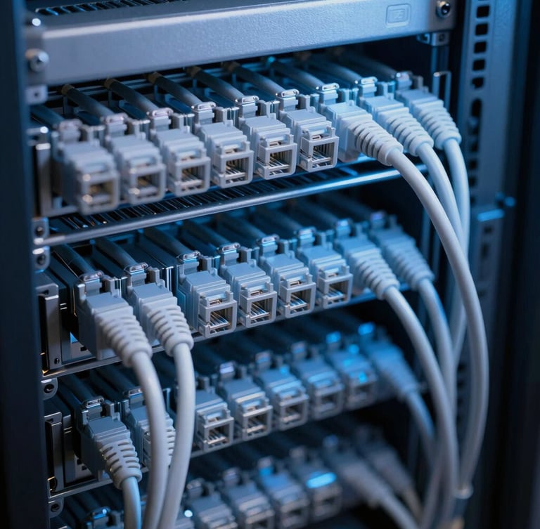 Macro shot of immaculate structured cabling in a server rack, cool blue LED lighting reflecting off organized cat6 cables
