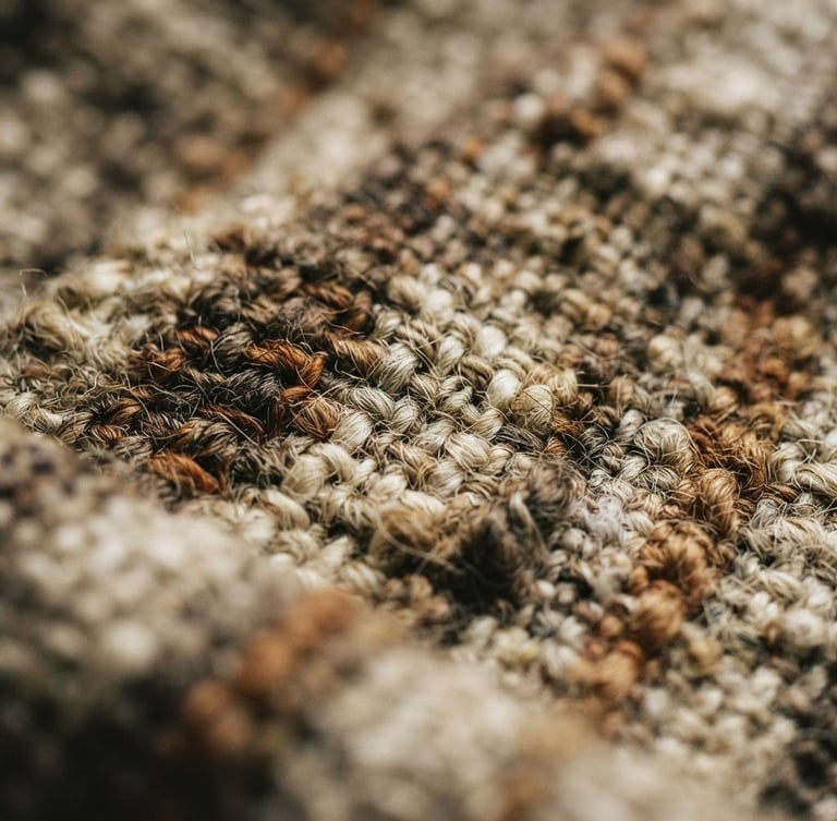 A tight macro shot of heavy raw flax weave in warm oat and deep umber tones, showcasing rich tactile texture under soft morning window light, shallow depth of field, 35mm