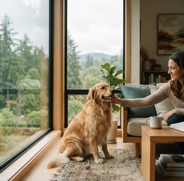 A modern Pacific Northwest apartment with soft morning light, a happy golden retriever sitting by a large window looking at its owner.
