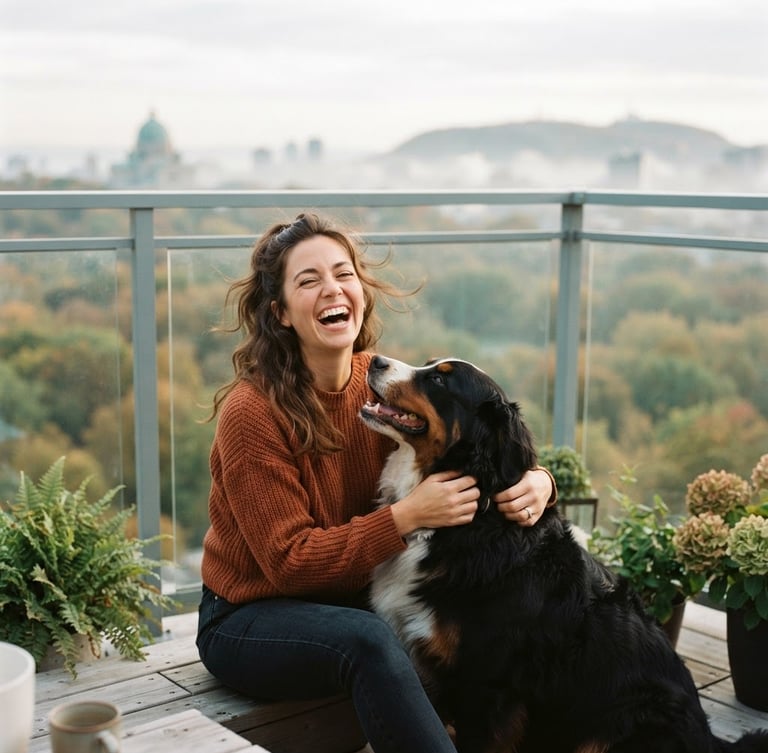 Candid editorial portrait of a woman laughing with her Bernese Mountain Dog on a bright, modern balcony overlooking a misty Montreal park, soft natural daylight, shallow depth of field, 35mm.