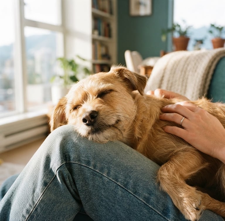 A warm close-up of a happy rescue dog resting its head on a person's knee inside a bright, sunlit modern apartment in Vancouver, soft natural daylight, shallow depth of field, 35mm.