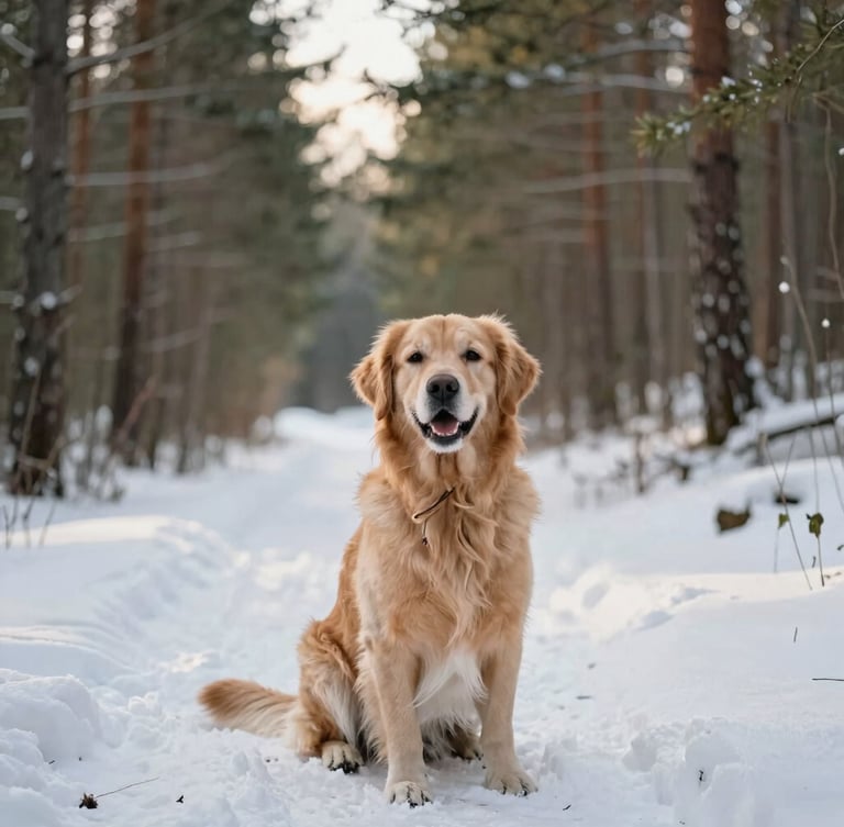 A golden retriever sitting happily on a snowy trail in a pine forest, warm winter sunlight filtering through trees, soft focus