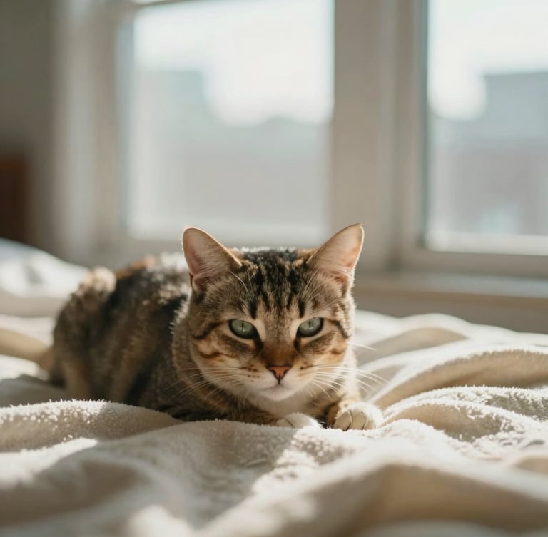 Candid close-up of a cat resting on a warm cream blanket in a sunlit Toronto loft, soft natural morning light.