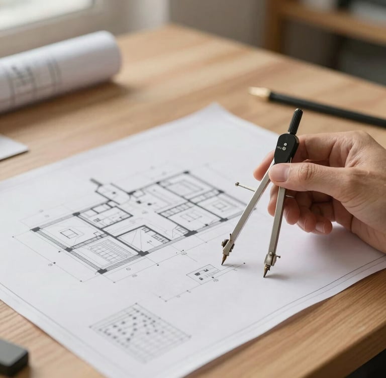 Detailed close-up of a technical architectural blueprint laid out on a clean oak desk, with a hand holding a drafting compass, soft diffused daylight, muted earth tones.