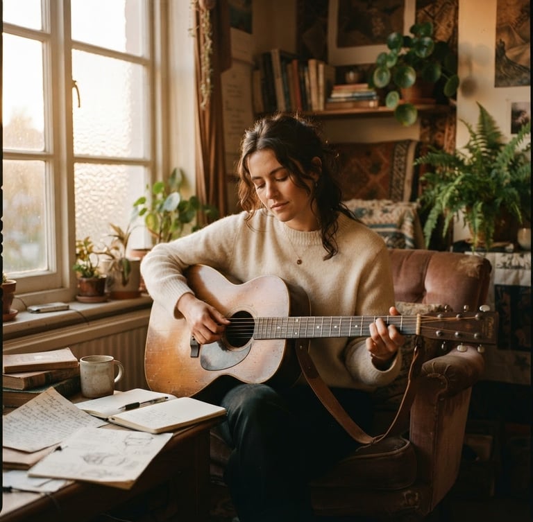 Warm cinematic photography, soft golden-hour window light, muted earthy tones, intimate depth of field, 35mm film grain. A solitary figure in soft light, perhaps playing an acoustic guitar, with handwritten journal pages and atmospheric textures in the background, off-center to the left, bleeding to the edge.