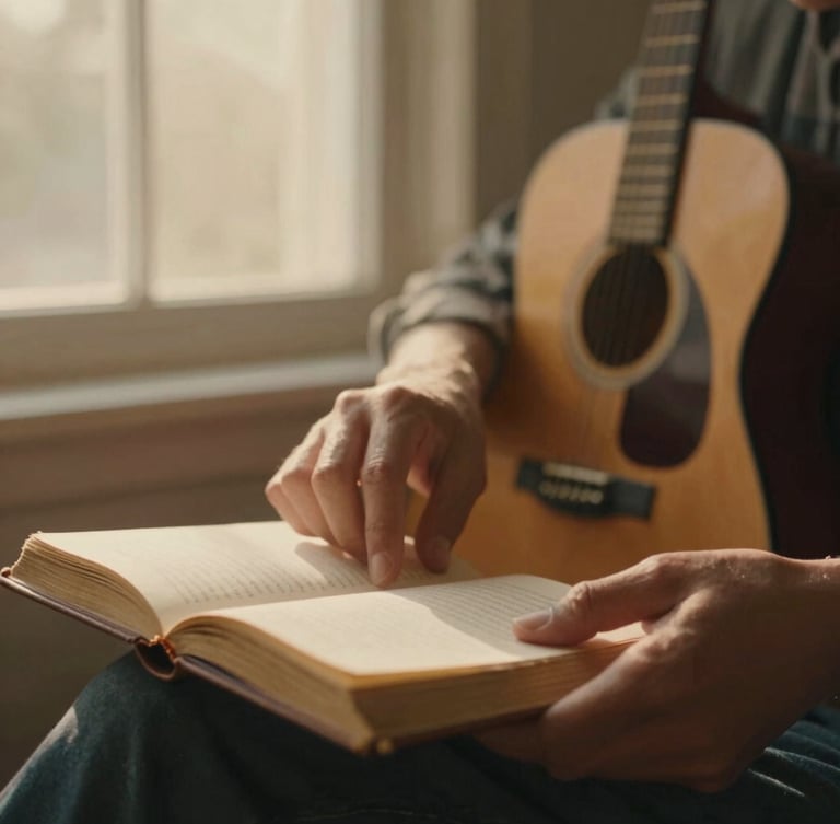 Warm cinematic photography, soft golden-hour window light, muted earthy tones, intimate depth of field, 35mm film grain. Close-up of hands gently turning pages of a worn journal, with an acoustic guitar blurred in the background, framed to the right.