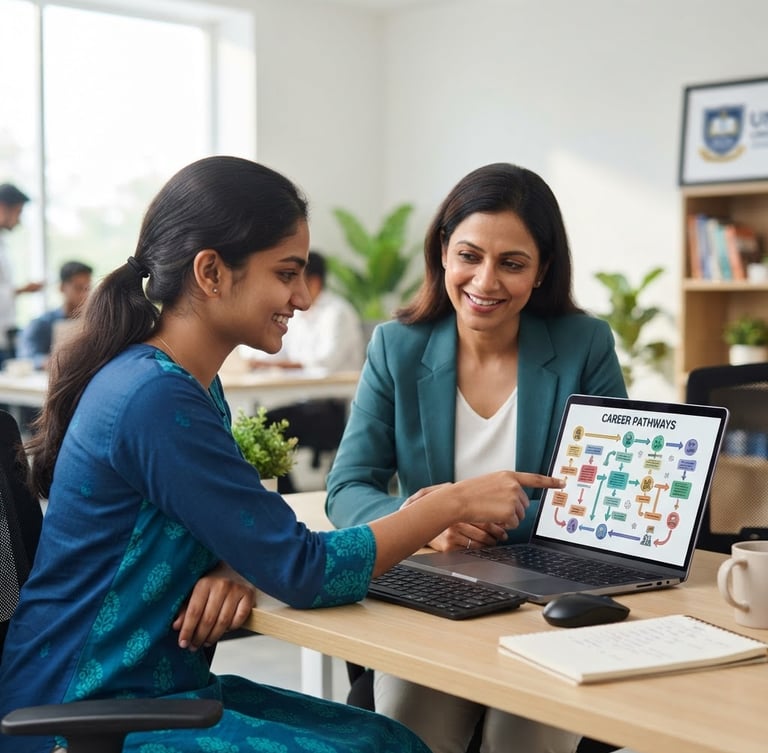 Bright professional photography of a 1:1 career counseling session in Guntur, a student and advisor looking at a laptop screen showing a structured career map, clean daylight, teal accents.