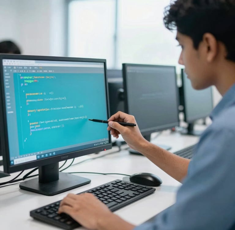 Close-up of a student writing clean code on a monitor in a bright Guntur computer lab, soft daylight, professional training environment