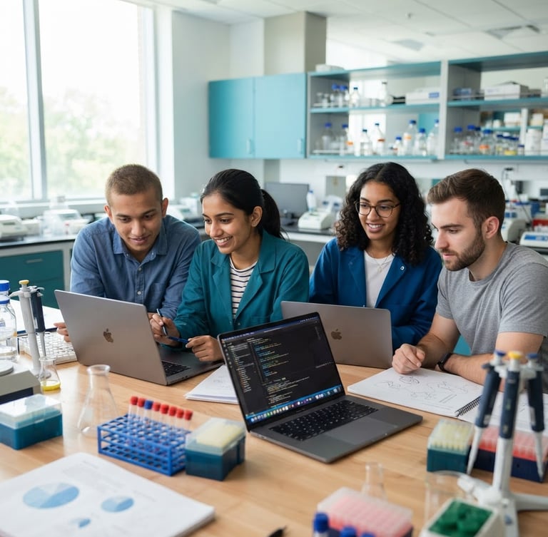 Bright professional photography of students collaborating over laptops in a clean Guntur lab environment, soft daylight, sharp focus