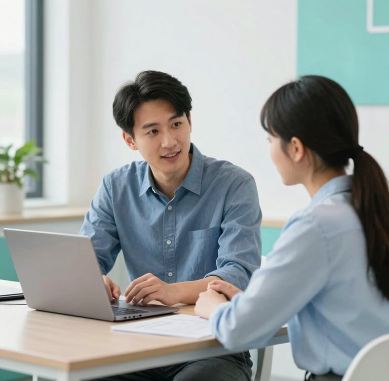 Professional 1:1 career counseling session, instructor guiding a student with a laptop, bright clean office lighting, teal accents.
