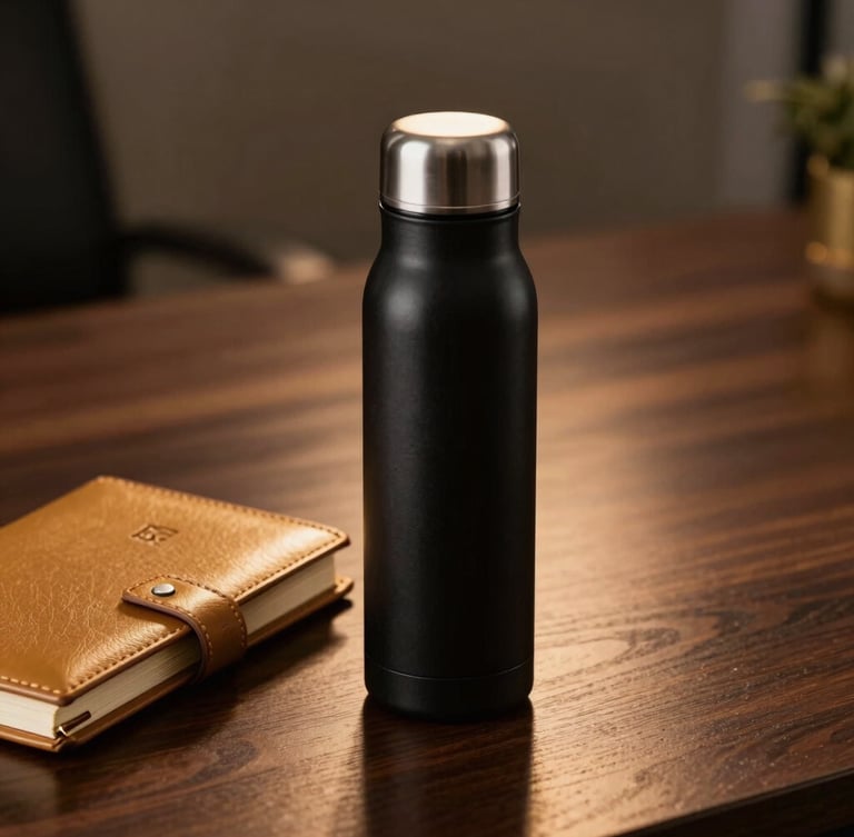 Macro shot of a matte black insulated bottle and a gold-embossed leather diary on a dark walnut desk, warm cinematic side-lighting, shallow depth of field