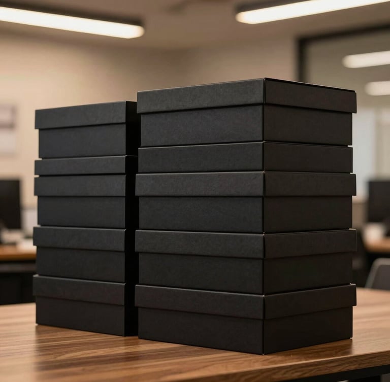 Side view of luxury matte-black gift boxes stacked perfectly in a modern warehouse setting, warm lighting