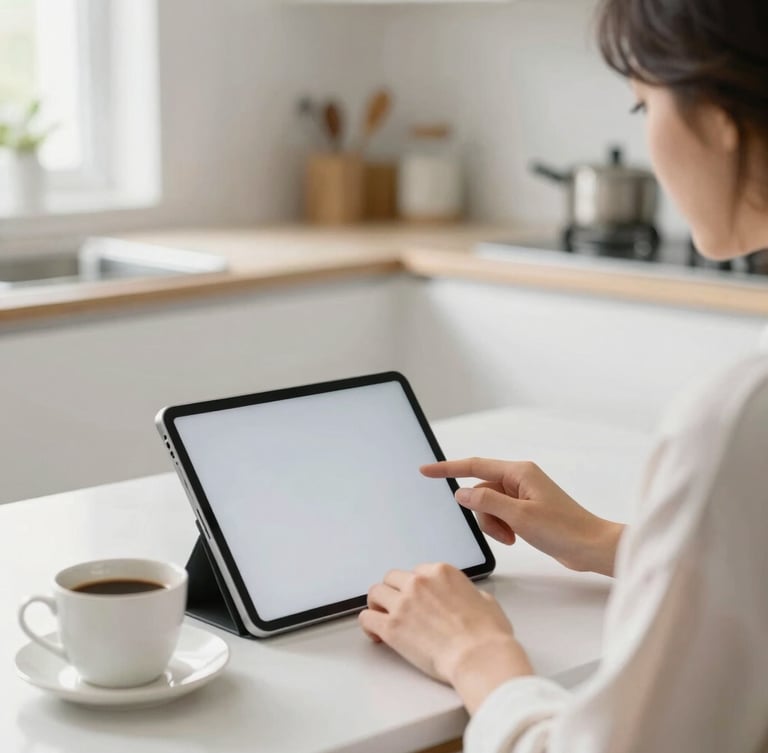 A person working peacefully on a tablet in a bright, sunlit kitchen, a cup of coffee nearby, soft focus background.