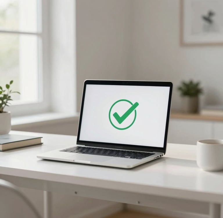 A bright modern home office during the day, a clean laptop screen showing a green security checkmark, soft natural lighting.