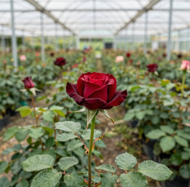 Vibrant rose nursery rows under a high-tech greenhouse structure, bright diffused Florida daylight, rich green foliage, crisp macro detail