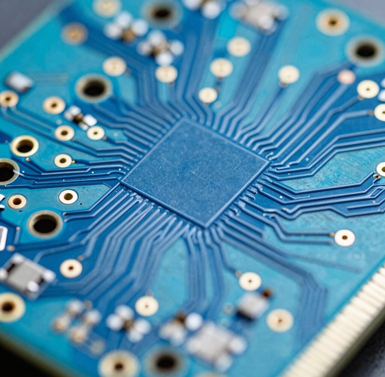 Extreme macro close-up of a high-density multilayer printed circuit board, showing gold-plated microvias and trace routing under cool blue light, sharp depth of field