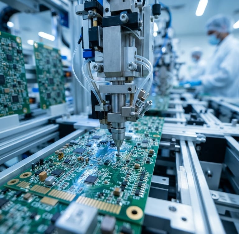 Macro close-up of high-tech automated pick-and-place assembly line in a bright Bangalore clean-room, cool blue and white studio lighting, sharp depth of field.
