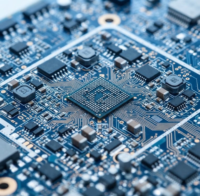 Crisp macro photography of a multi-layer printed circuit board with clean solder joints, bright clean-room studio lighting, cool blue tones.