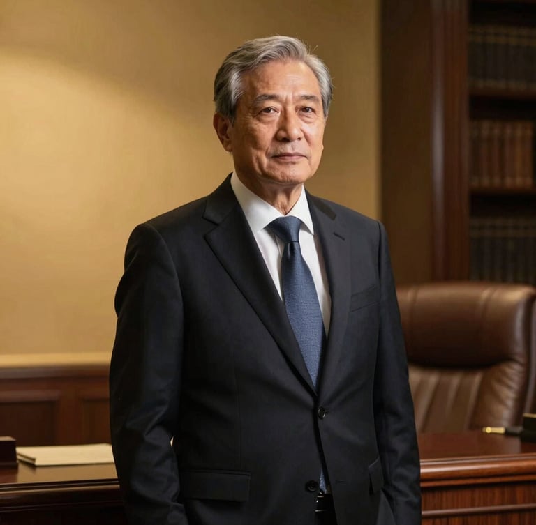 Sharp professional portrait of a senior legal partner in a tailored dark suit, dramatic side-lighting, warm gold tones, sophisticated law office background with leather and dark wood