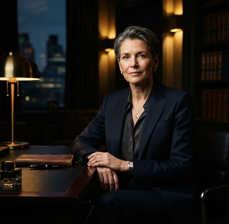 Sharp professional portrait of a senior legal specialist in tailored dark attire, low-key dramatic side-lighting with warm interior highlights contrasting against cool deep shadows, editorial style