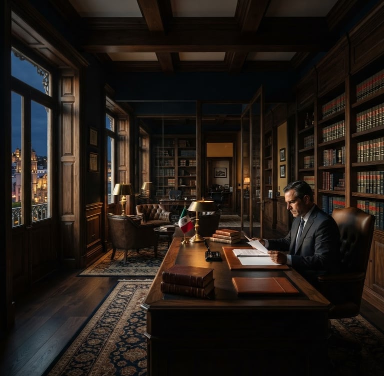 Wide environmental shot of a premium, dark-wood law office interior in León, Guanajuato, dramatic side-lighting casting warm gold highlights, deep navy shadows, sharp focus, editorial style.