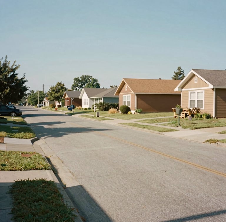 Authentic eye-level view of a modest suburban street in soft daylight, natural shadows, realistic neighborhood textures, 35mm lens.