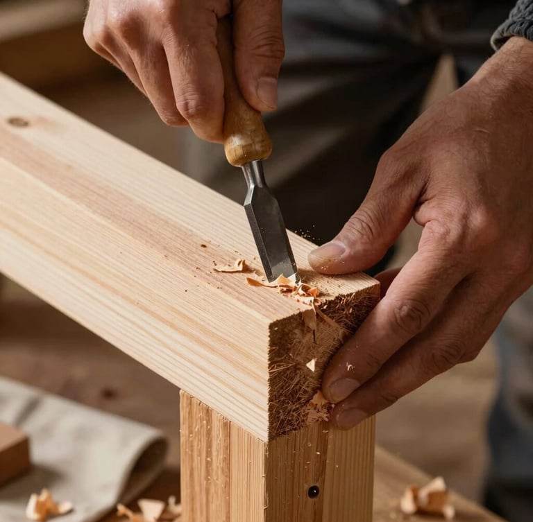 Overcast Oregon daylight, close-up of a carpenter's hands using a chisel to clean a mortise joint in a thick cedar post, wood shavings visible on a canvas drop cloth.