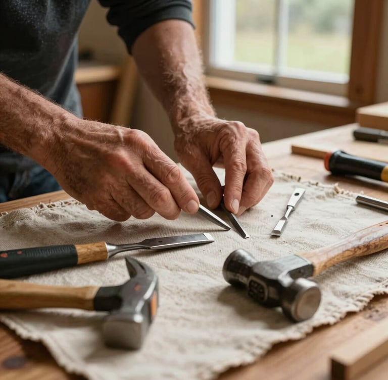 Close-up of a carpenter's hands neatly arranging chisels and a framing hammer on a heavy canvas drop cloth inside an Oregon home, soft overcast daylight from a nearby window, high detail wood grain.