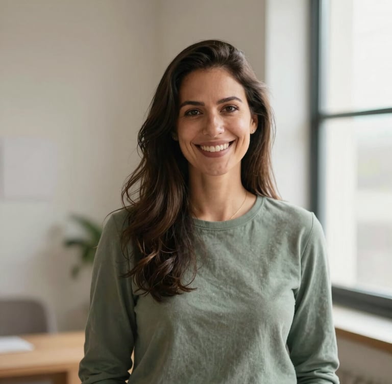 Foto profissional acolhedora de uma psicóloga sorrindo suavemente, em plano médio, com fundo desfocado de um ambiente de consultório minimalista. Luz natural suave de janela, tons terrosos e verde sálvia.