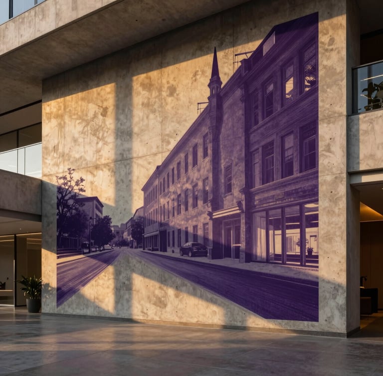 Wide architectural shot of a high-end office lobby with a large-scale artistic mural printed directly onto a concrete wall, warm golden-hour side lighting highlighting the texture of the concrete and the ink, deep violet shadows