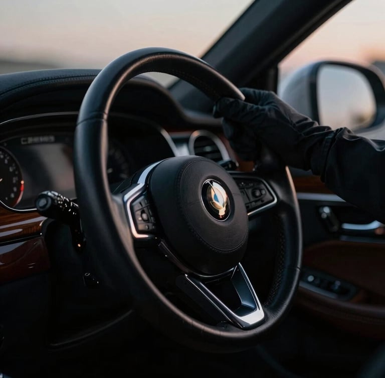 Gloved hand on a leather-wrapped steering wheel inside a pristine luxury vehicle cabin, soft twilight reflections on polished wood trim, cinematic lighting.