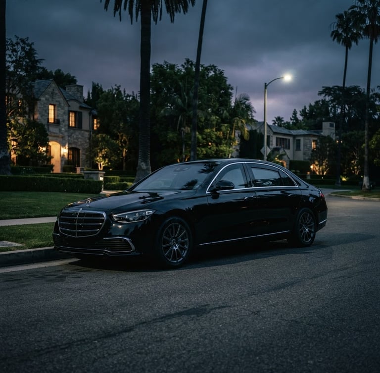 Moody cinematic photography of a sleek black armored luxury sedan parked on a quiet Beverly Hills street at twilight, sharp rim lighting highlighting vehicle contours, 35mm