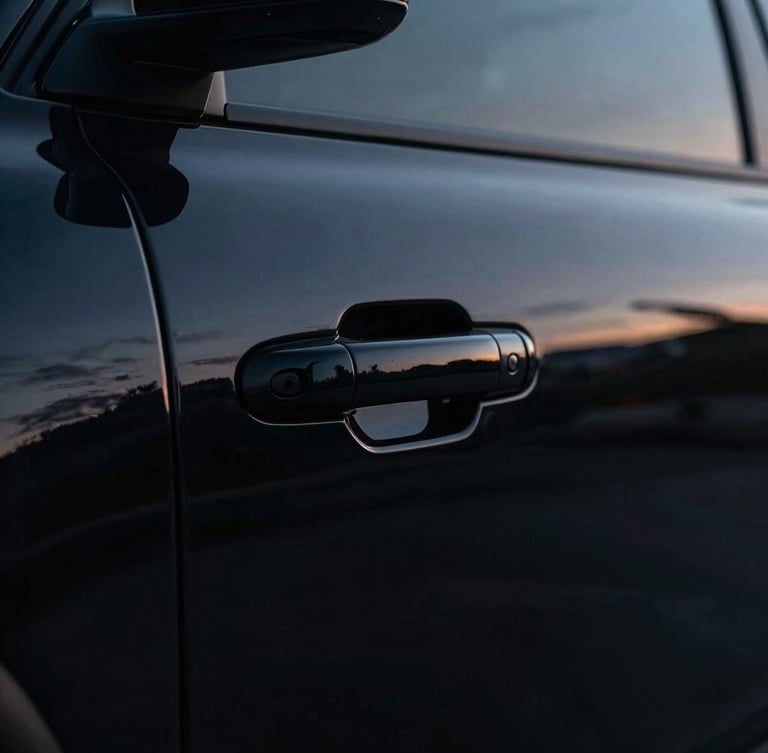 Moody cinematic close-up of a pristine black armored vehicle door handle, twilight reflections on polished obsidian paint, sharp rim lighting, 35mm