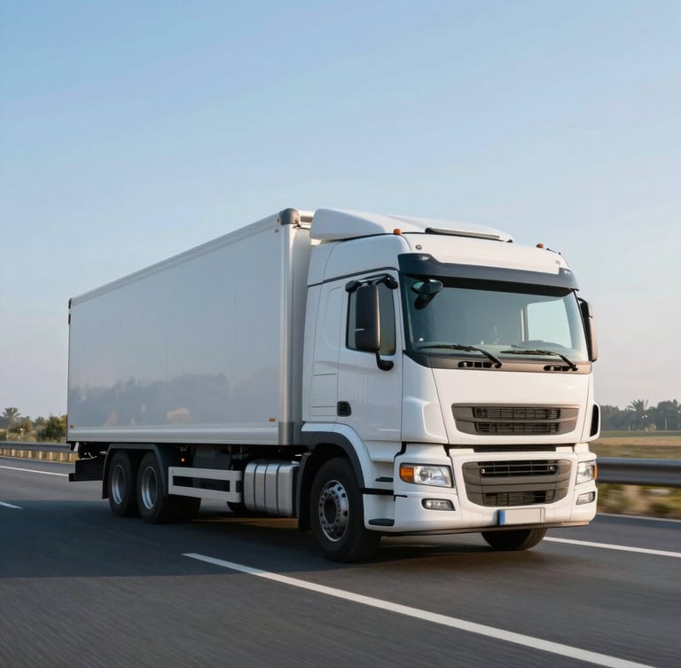 Crisp commercial photography, wide-angle lens, a modern clean white transport truck driving on an Italian highway at sunrise, metallic blue tones, sharp focus