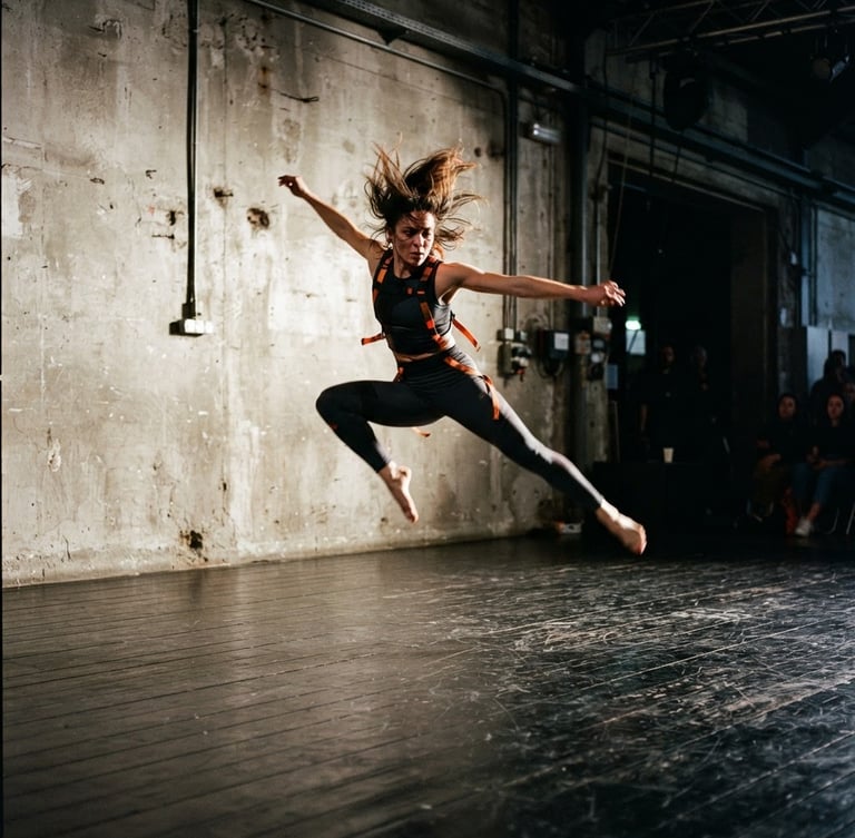 Low-angle dynamic shot of a performer in motion on a dark wooden floor, dramatic side-lighting, raw concrete wall background, 35mm film style
